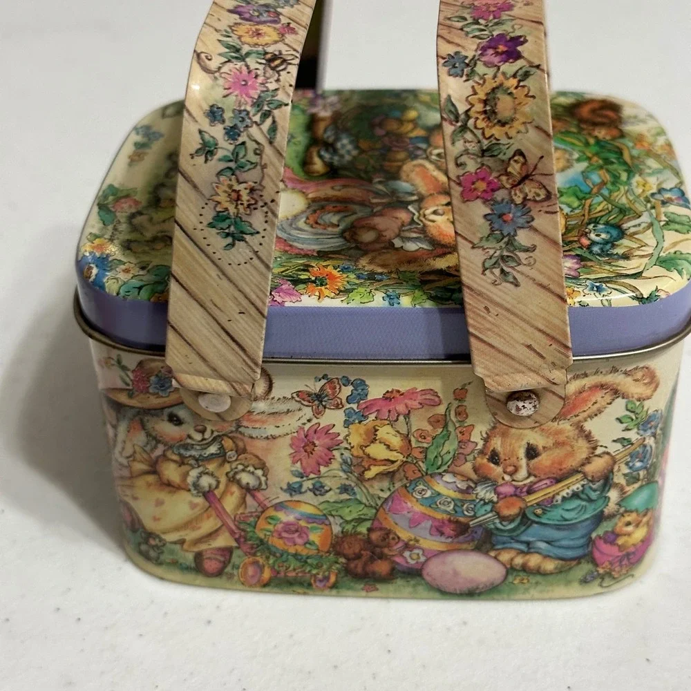Giftco Vintage Bunny Rabbit Picnic Basket Metal Tin Easter Floral Seasonal Decor